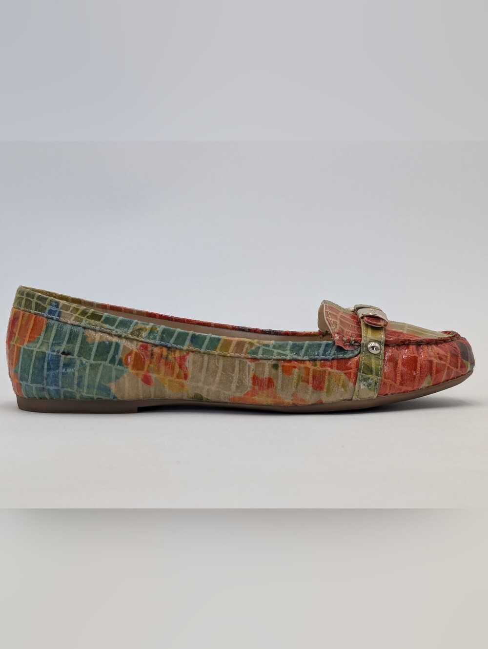 Anne Klein iflex Savina Sz 7.5 Multicolor Coral/Teal Croc Loafers Gold Buckles - Picture 2 of 16
